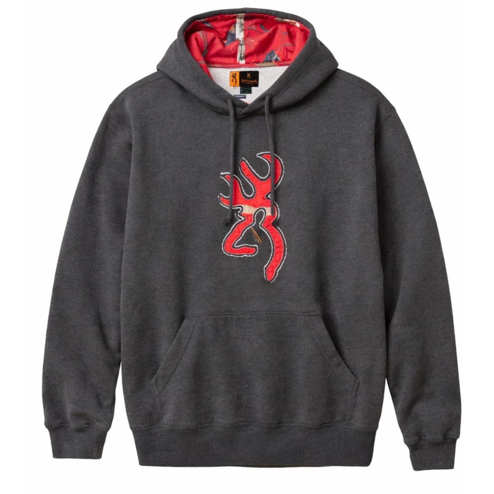 Browning Mens Charcoal Grey Hoodie‎ Red Buckmark Logo Realtree Camo Lined Large